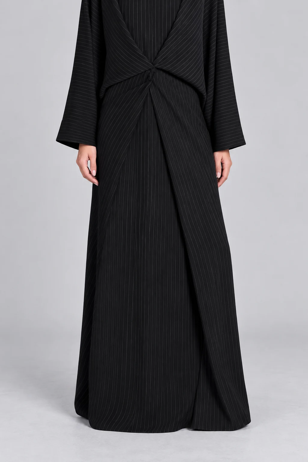 Black Pinstripe Long Sleeve Twist Front Abaya Maxi Dress with Wide Cut [erp-image:5dc2d41d5c509df9ae9d75c1]