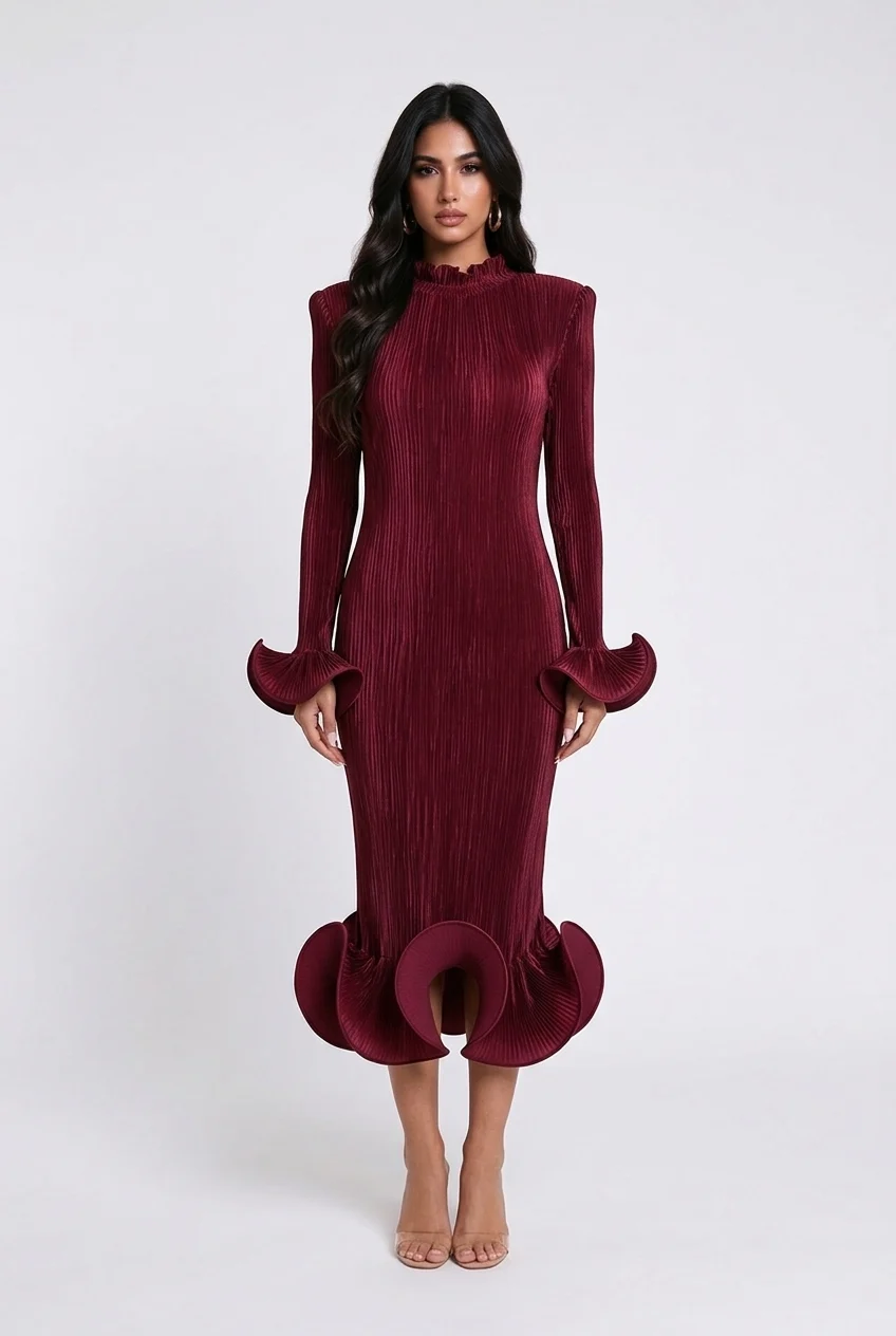 Pleated High Neck Long Sleeve Fluted Cuff Maxi Dress [erp-image:f89ff5f9d9d67f6568e73b87]