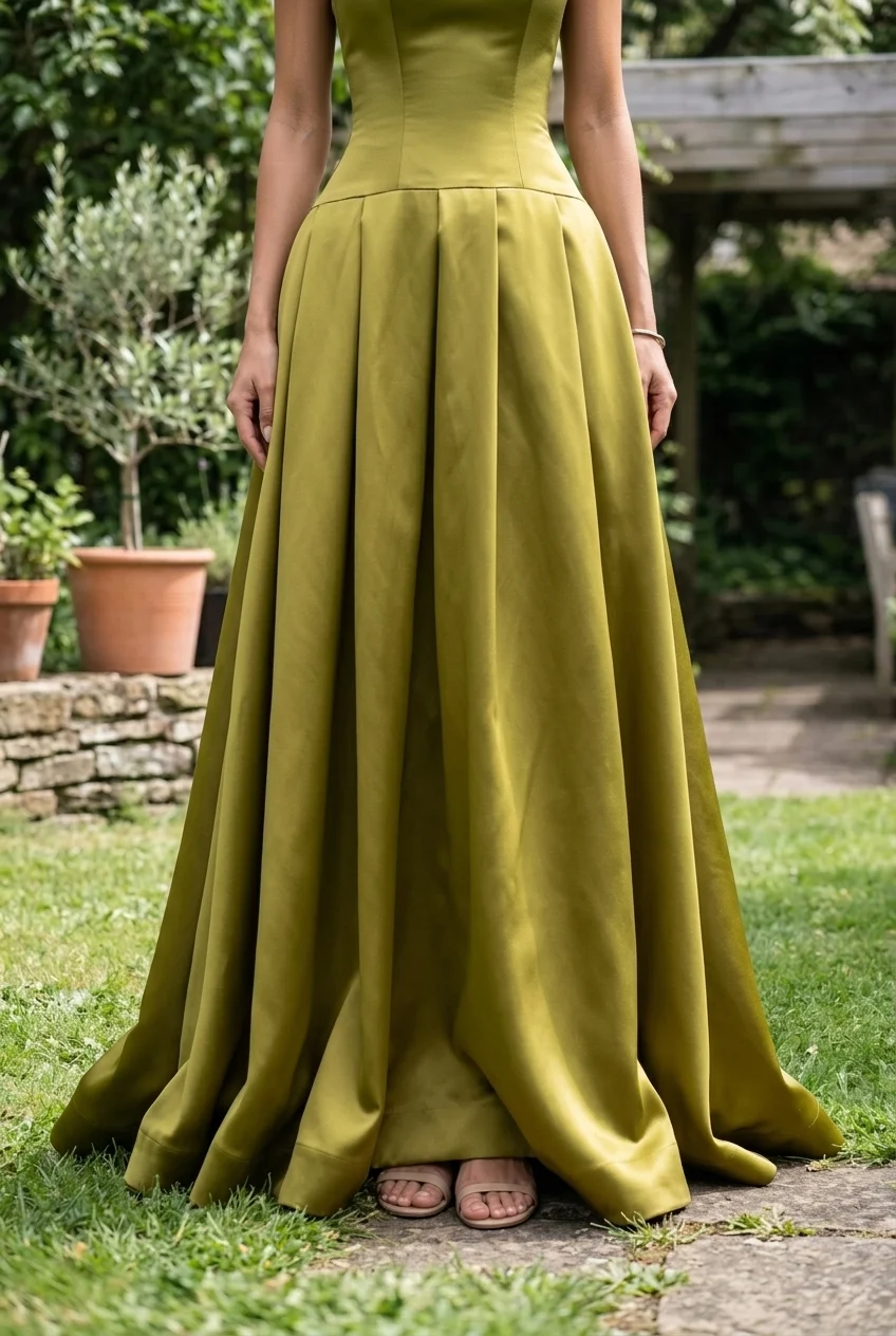 Olive Green Satin Halter Neck Drop Waist Pleated Formal Gown Maxi Dress [erp-image:3a70a4ff8c49200b0286b8bf]