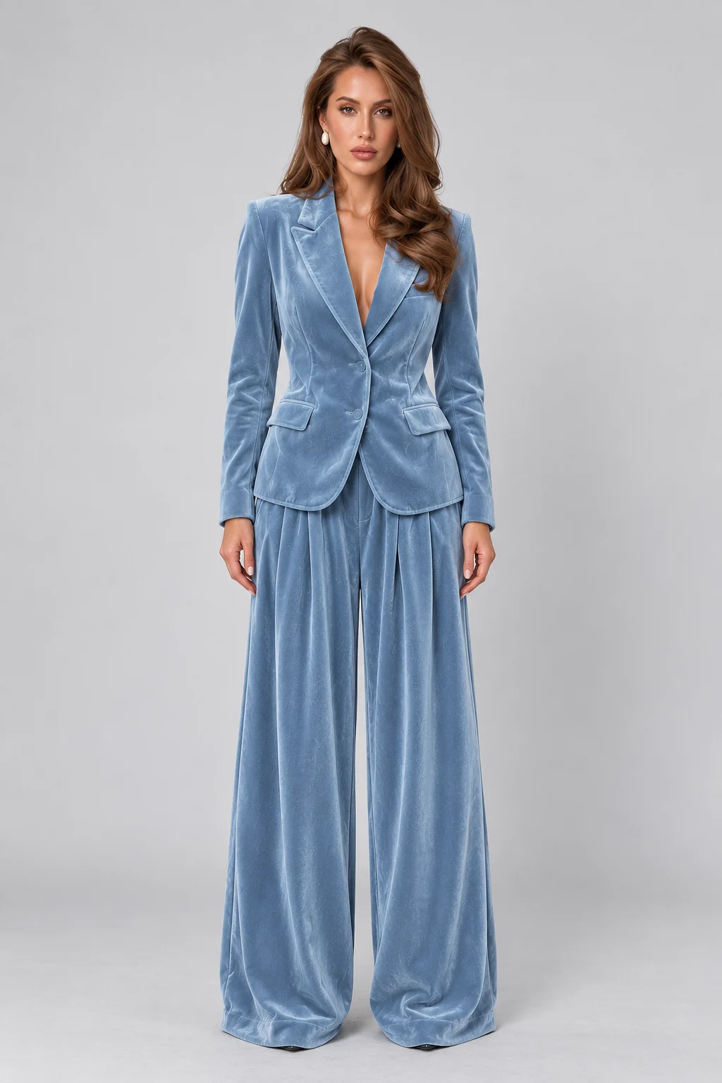 Women's Velvet Notch Lapel Blazer and Wide Leg Trousers Two Piece Suit Set [erp-image:c11e8438872f15405d1a86f1]