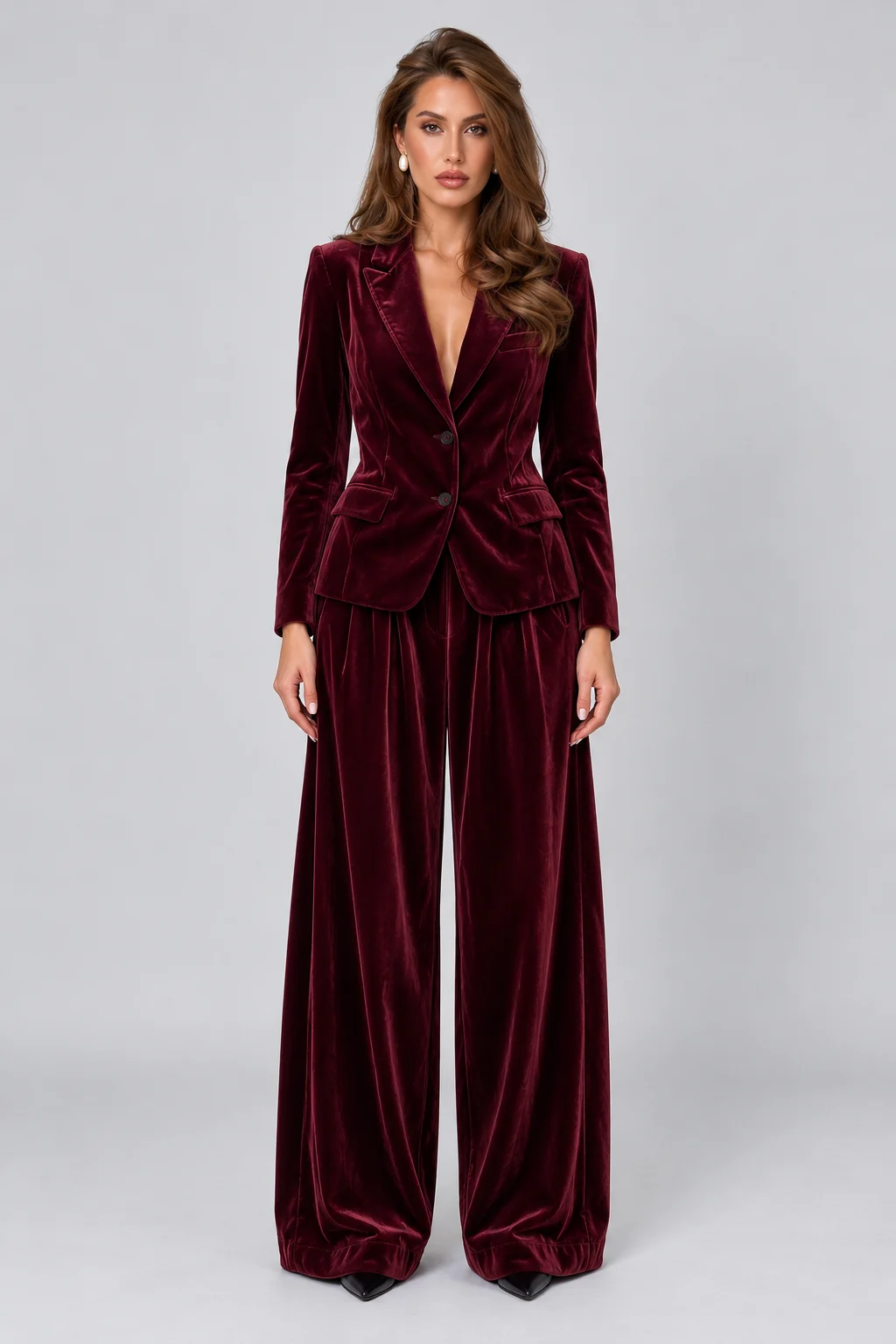 Women's Velvet Notch Lapel Blazer and Wide Leg Trousers Two Piece Suit Set [erp-image:09e6007a23c81bd4465f9581]