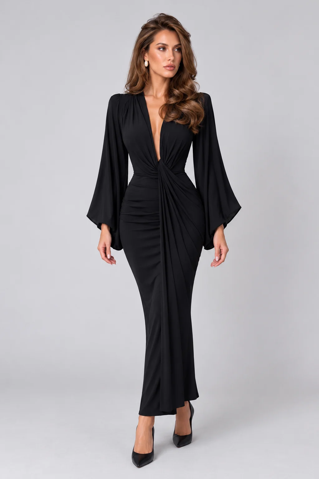 Deep V-Neck Padded Shoulder Long Sleeve Draped Ruched Black Maxi Dress [erp-image:0aba23b5b1c226993775d1a3]