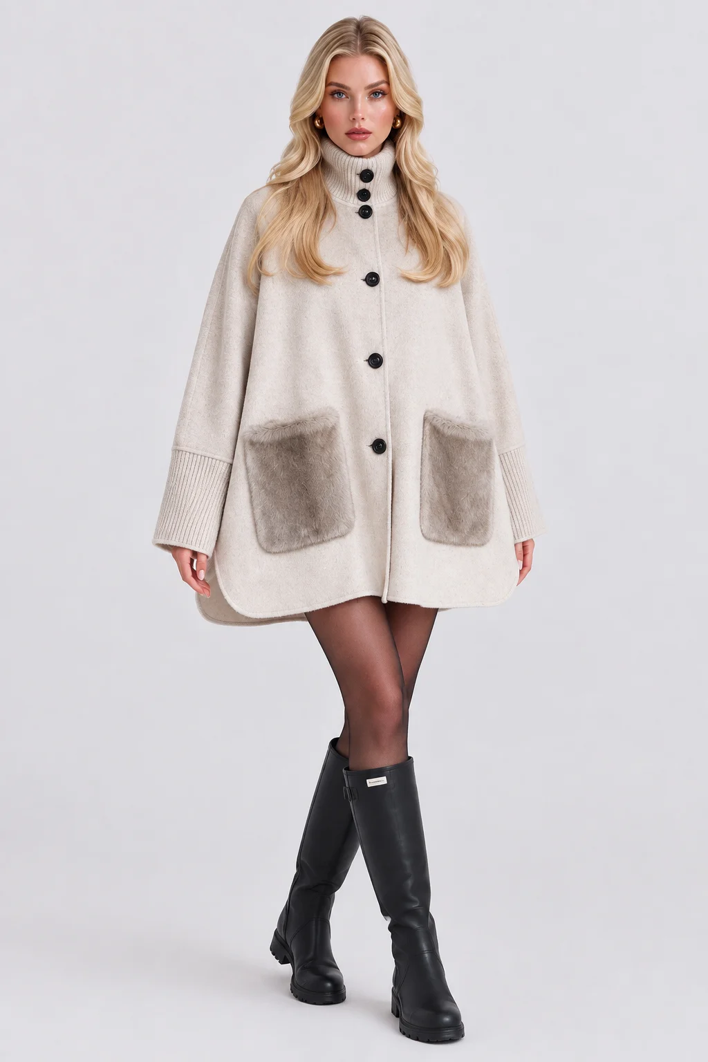 High Neck Button Up Swing Cape Coat with Faux Fur Patch Pockets [erp-image:576ed1c2e79dcba146334124]