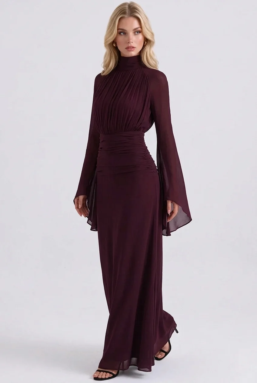 High Neck Pleated Bodice Flared Sleeve Ruched Maxi Evening Dress [erp-image:a511180ac1cbe7e01995f83a]