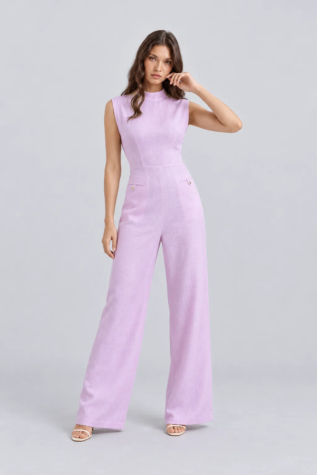 Sleeveless High Neck Wide Leg Jumpsuit in Light Pink [erp-image:46d0a0b138080d575228986f]