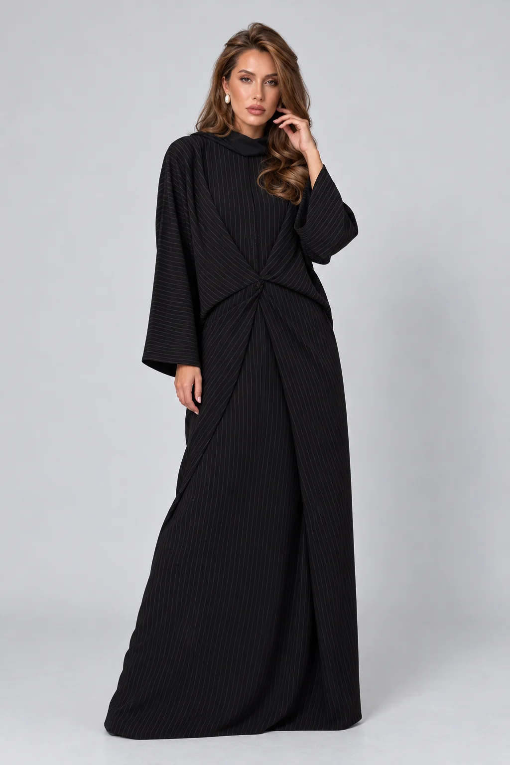 Black Pinstripe Long Sleeve Twist Front Abaya Maxi Dress with Wide Cut [erp-image:b8f4ca6477b2d0faa858973a]