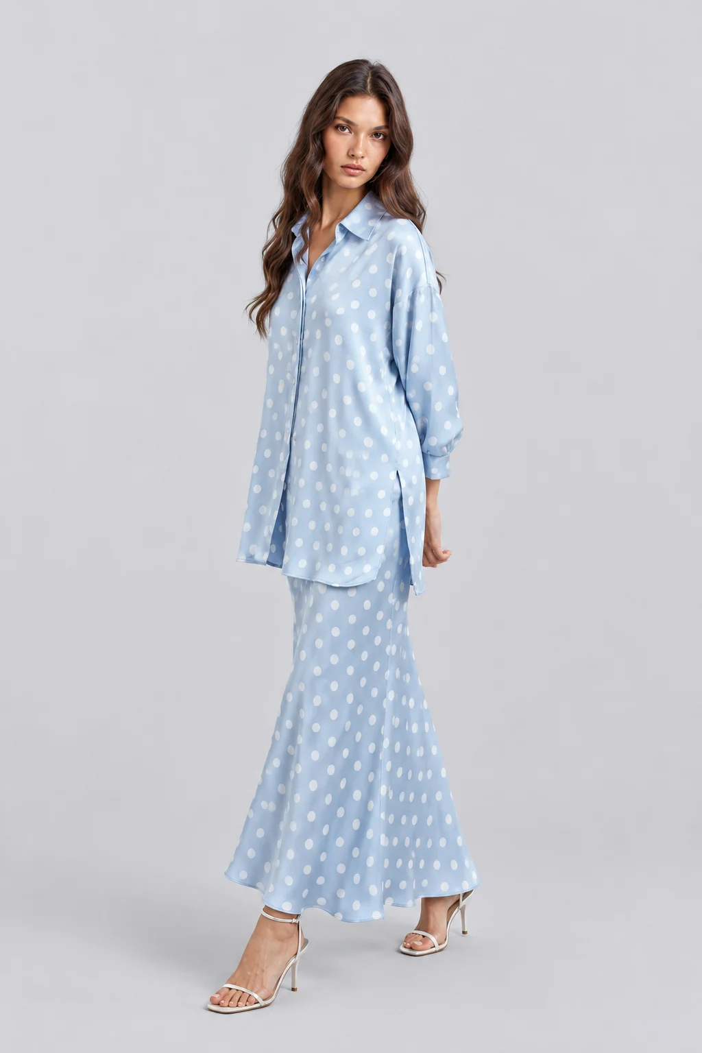 Light Blue Polka Dot Satin Oversized Shirt and Midi Skirt Two Piece Set [erp-image:45c99b8be83ba22b14bcf54c]