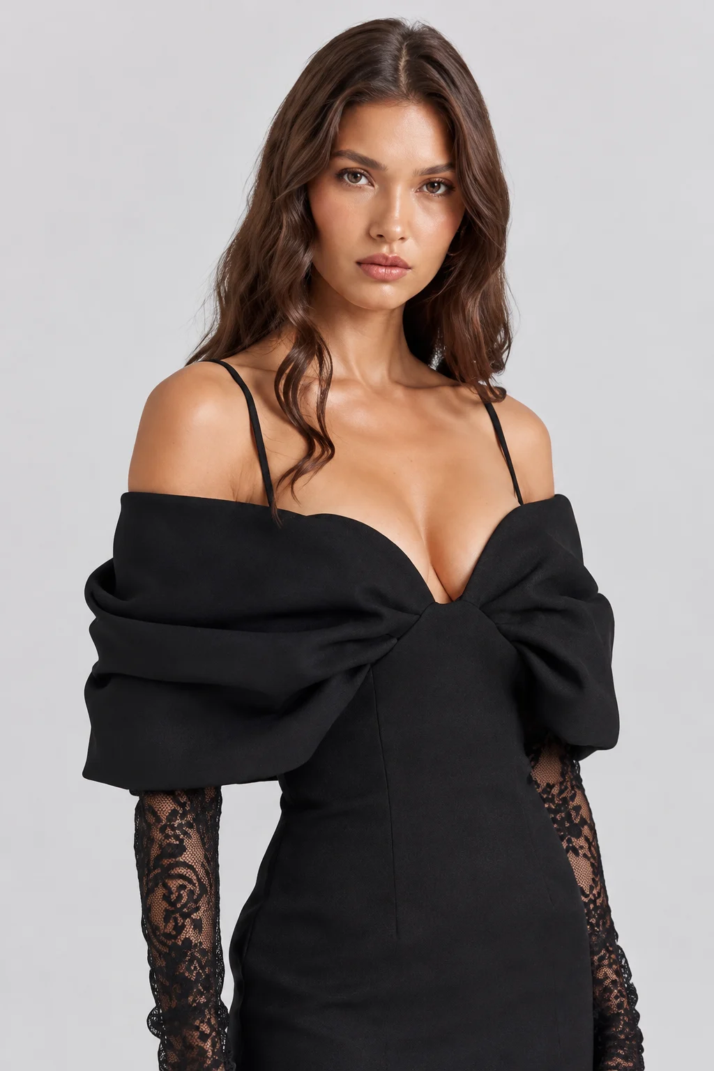 Women Black Cold Shoulder Bow Mini Dress and Sheer Lace Maxi Skirt Two Piece Set [erp-image:955ada49a55f84c0e9f4c62b]