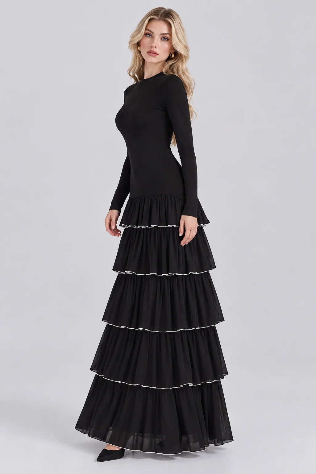 Black Long Sleeve Mock Neck Tiered Ruffle Drop Waist Maxi Dress [erp-image:bbead8396f7637d838f6698b]