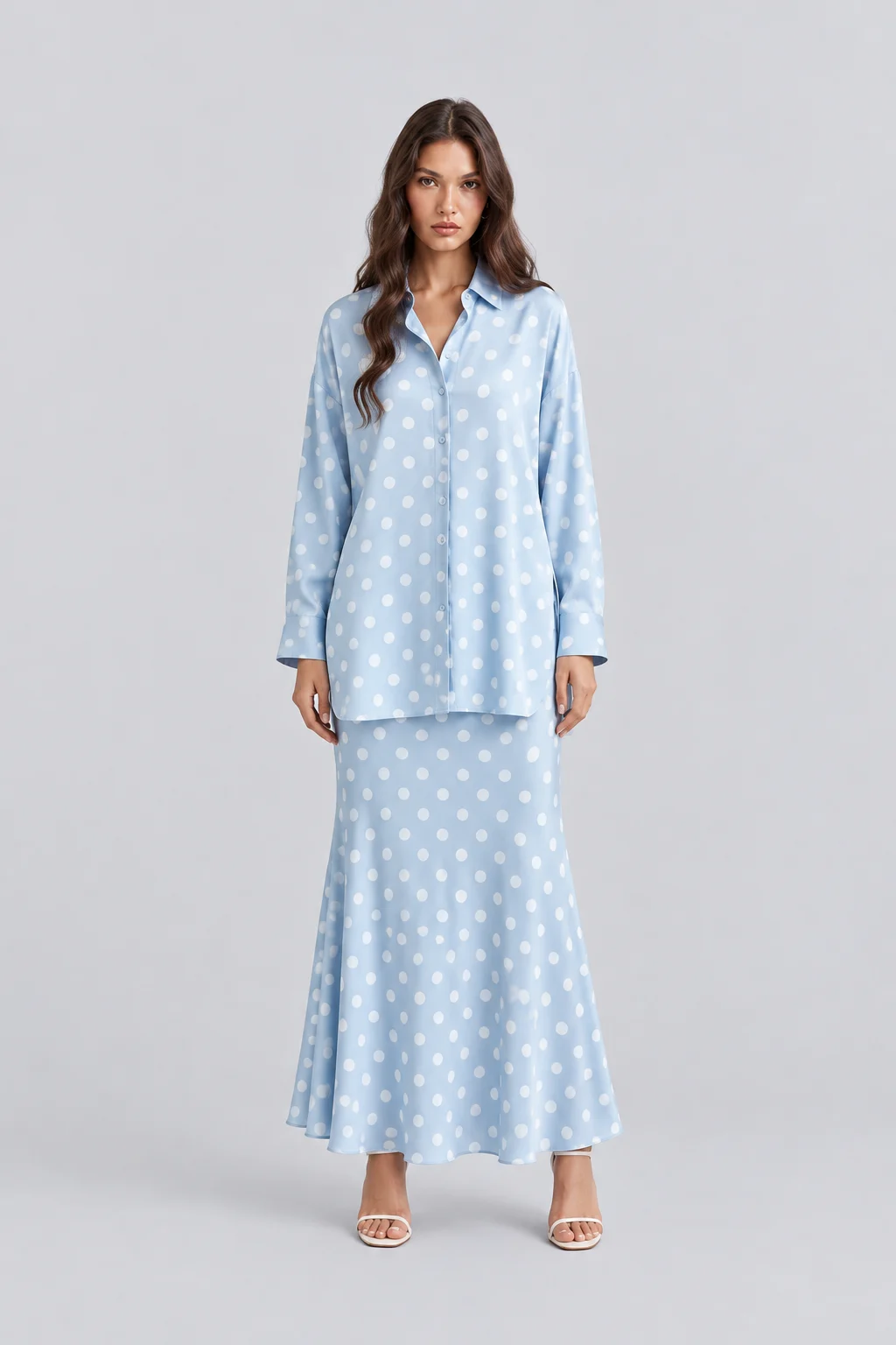 Light Blue Polka Dot Satin Oversized Shirt and Midi Skirt Two Piece Set [erp-image:0ff6586a285ae906024ac828]