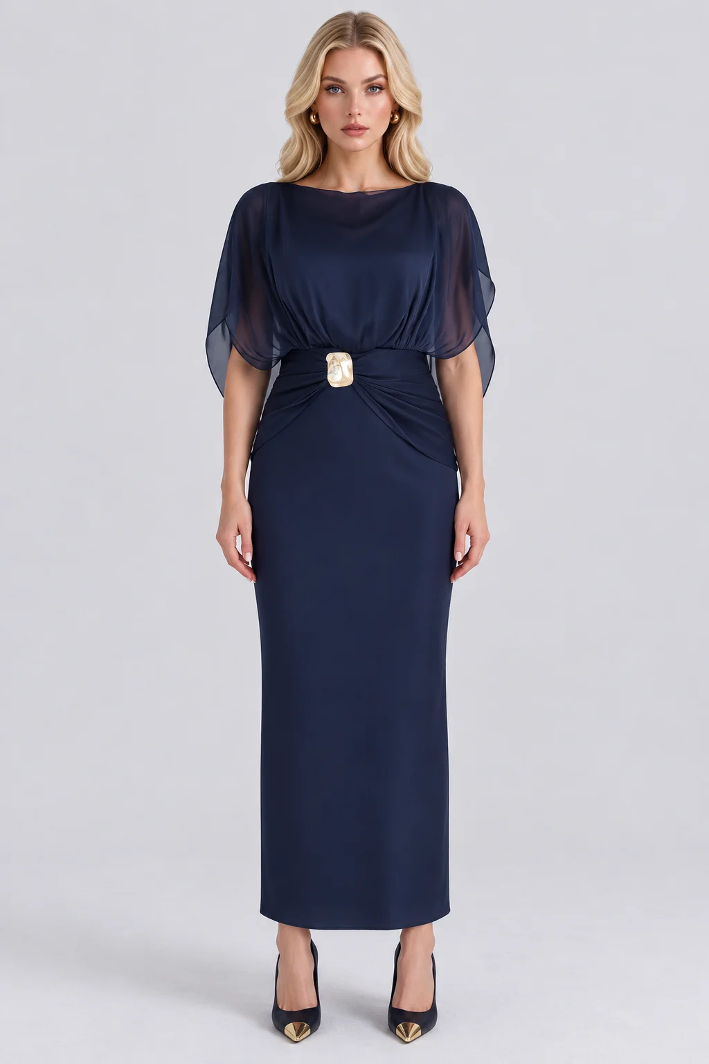 Shimmer Cape Sleeve Column Maxi Dress with Gold Buckle Accent [erp-image:e30d05f4930d24ebd256d638]