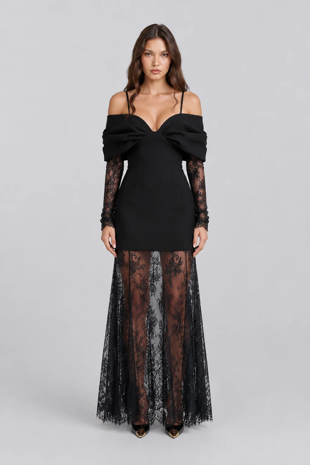 Women Black Cold Shoulder Bow Mini Dress and Sheer Lace Maxi Skirt Two Piece Set [erp-image:91cfd81f2111107f250e5f5b]