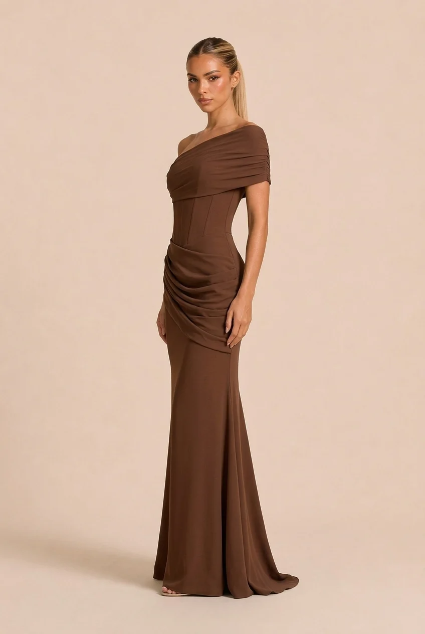 Brown Asymmetric Corset Lace-Up Draped Mermaid Maxi Evening Dress [erp-image:94c4e87bf72332d0bff18ea4]