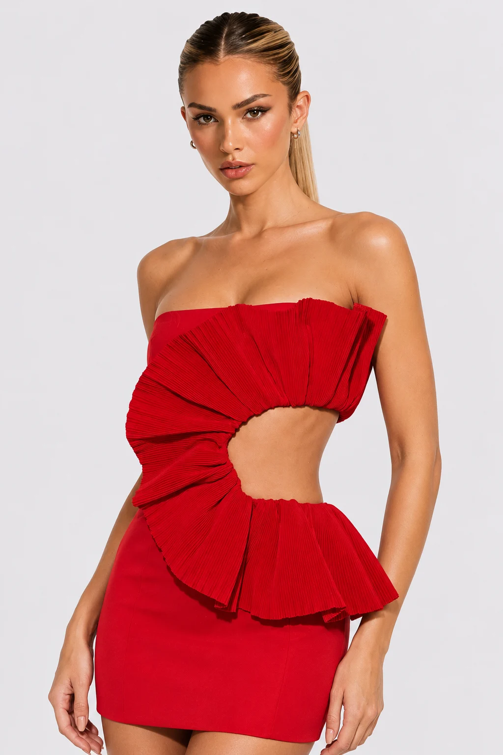 Strapless Pleated Fan Ruffle Cutout Bodycon Mini Dress [erp-image:65dce0e8f5b03612fd564a4e]