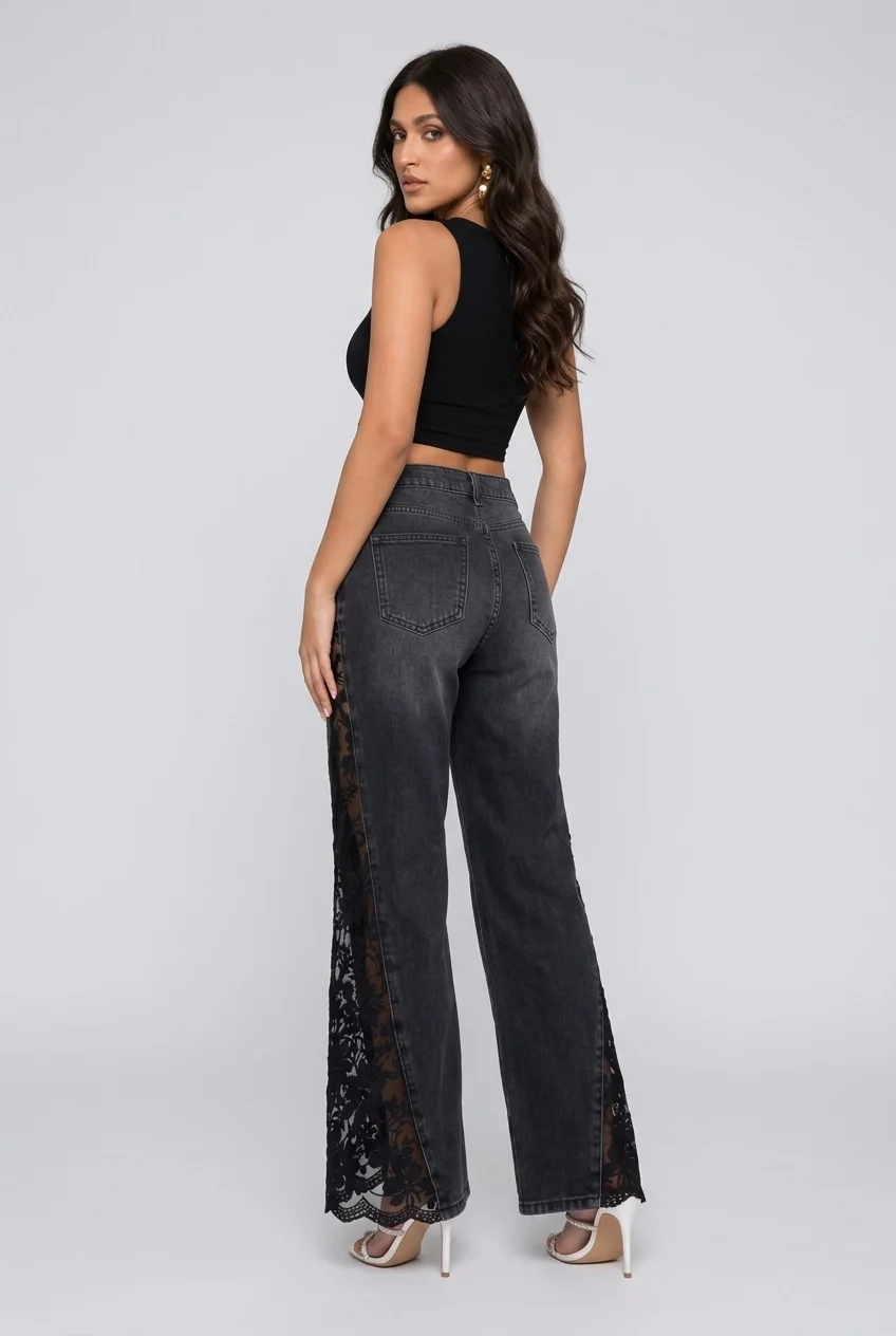 Women's Black High Rise Flare Jeans with Sheer Floral Lace Panels [erp-image:5a9fe9a5a71c758c77af5a7b]