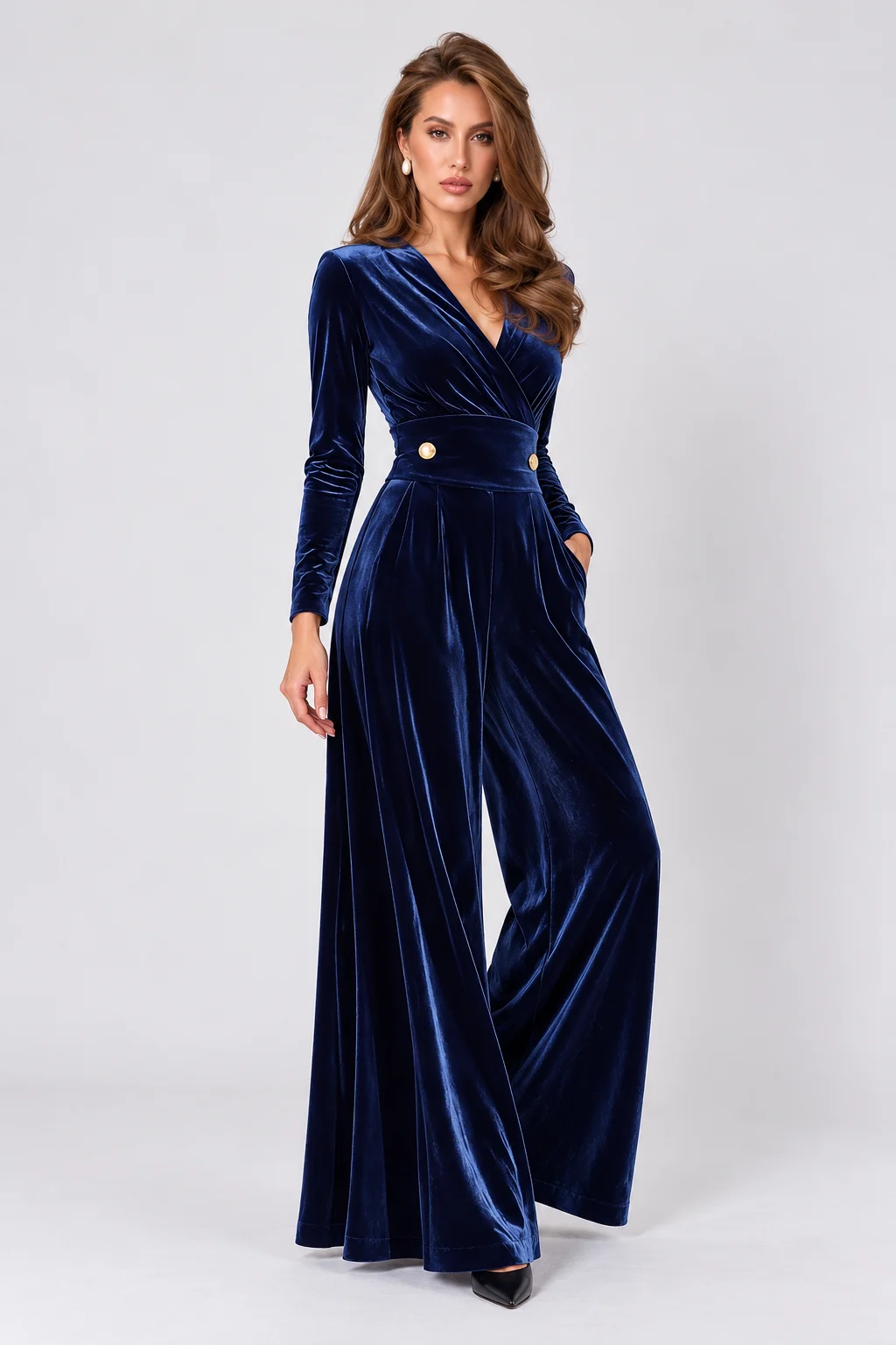 Navy Blue Velvet Wrap V-Neck Wide Leg Long Sleeve Jumpsuit [erp-image:824eb9200aae9f022e3a6250]