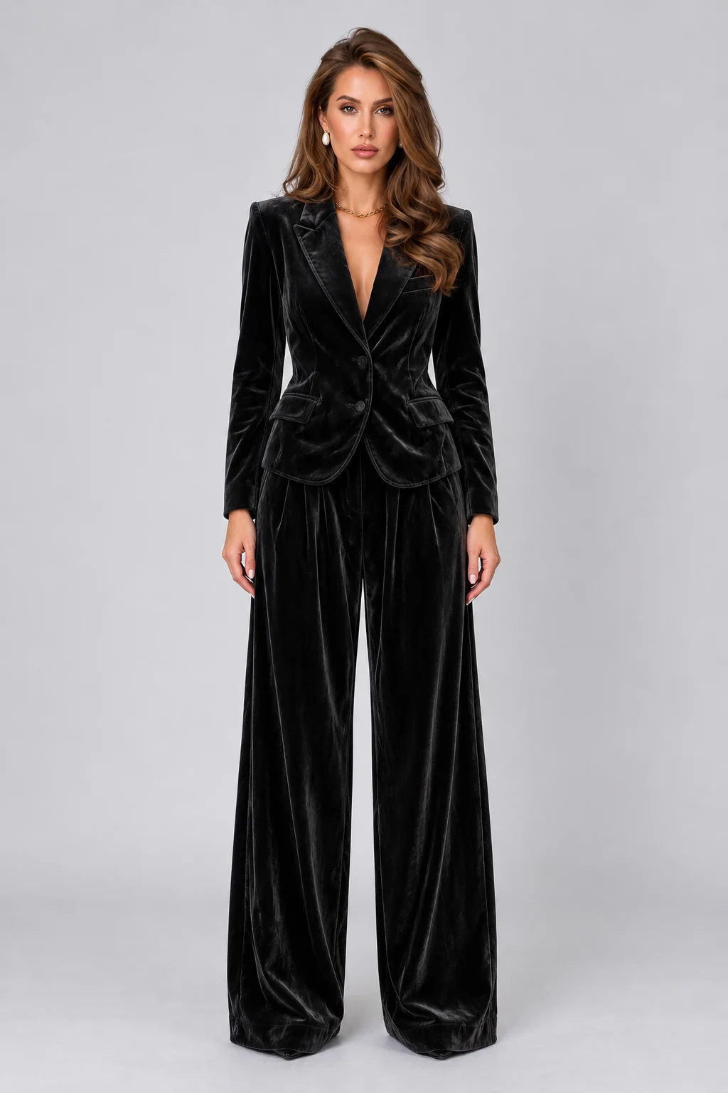 Women's Velvet Notch Lapel Blazer and Wide Leg Trousers Two Piece Suit Set [erp-image:0841e829a568ab1850d46cce]