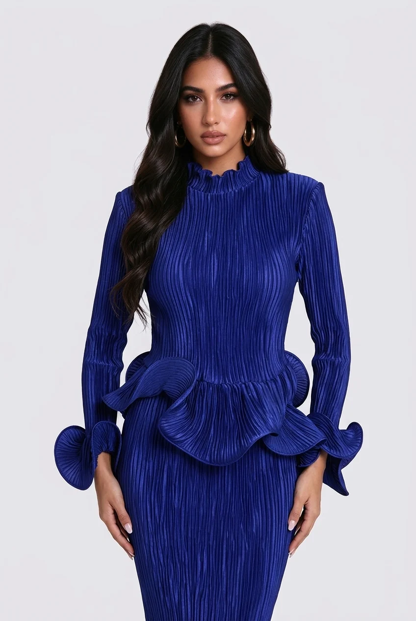 Pleated Peplum Top and Ruffled Midi Skirt Two-Piece Set [erp-image:92ff4b715529c3181821180b]