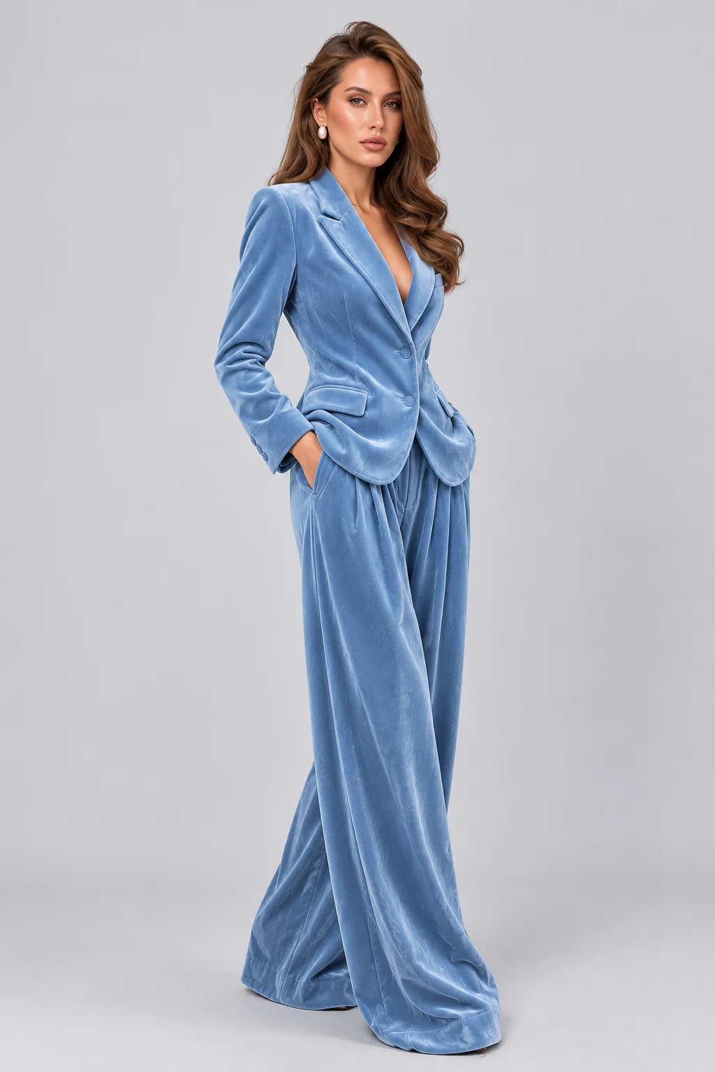 Women's Velvet Notch Lapel Blazer and Wide Leg Trousers Two Piece Suit Set [erp-image:82bd18158a8b49ebf82904c8]