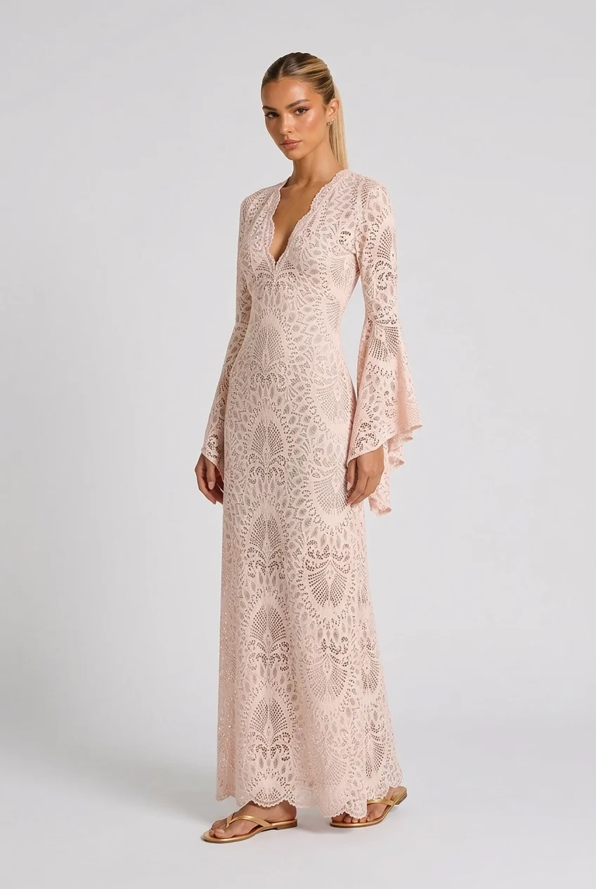 Women's V-Neck Bell Sleeve Scalloped Lace Floor Length Maxi Dress in Blush Pink [erp-image:8f1c302b2011d225e5334a24]