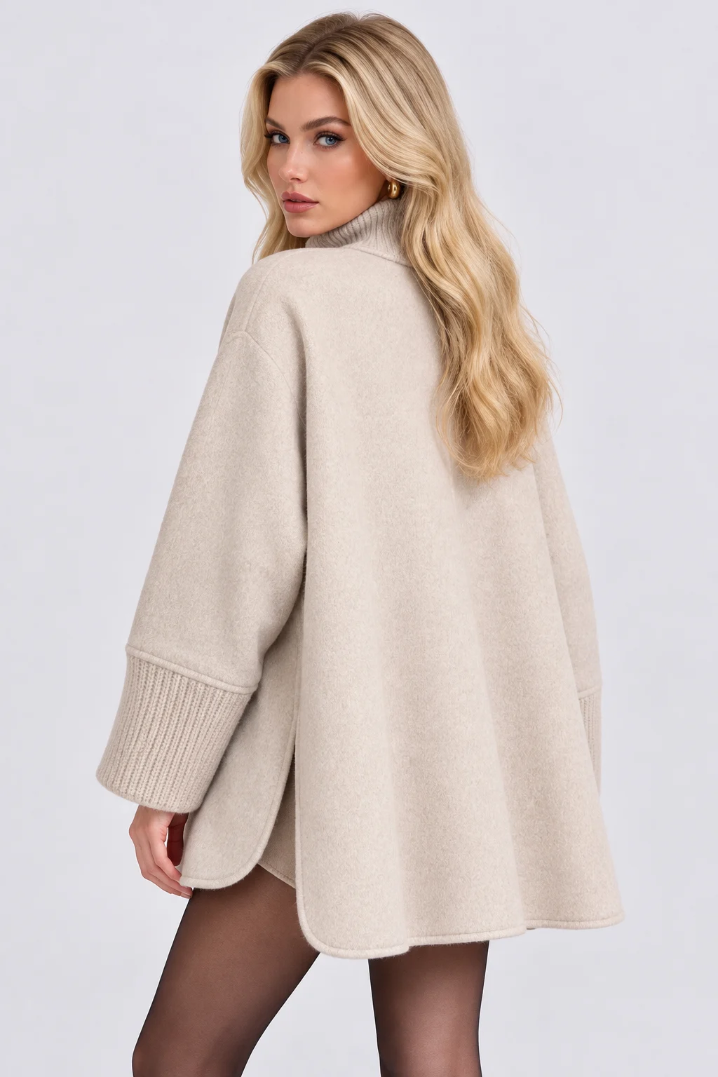 High Neck Button Up Swing Cape Coat with Faux Fur Patch Pockets [erp-image:0baf64f596996fc0ea83e3bd]