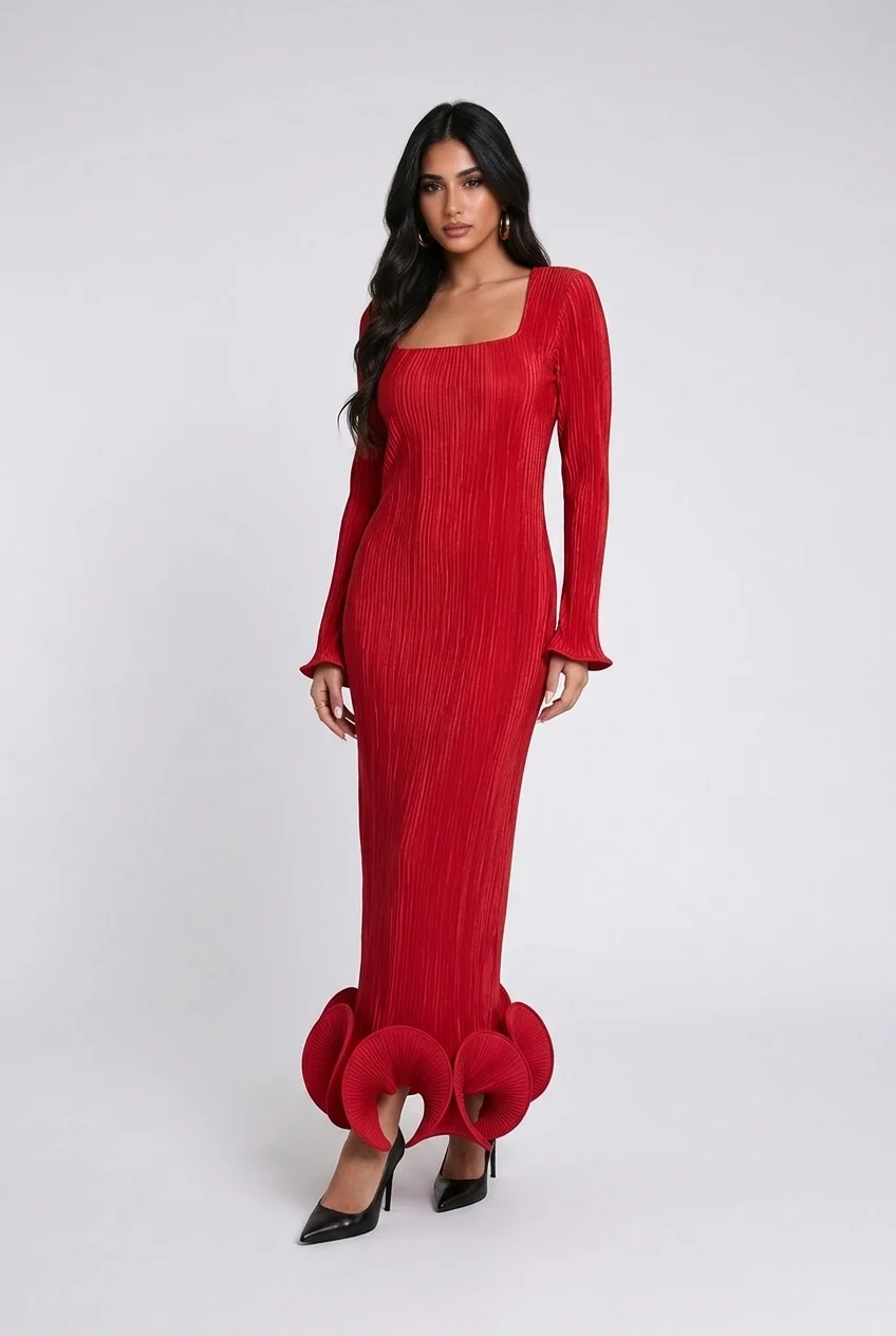 Square Neck Long Sleeve Maxi Dress with Sculptural Petal Hem [erp-image:9b03438c3de1c6271fd8163b]