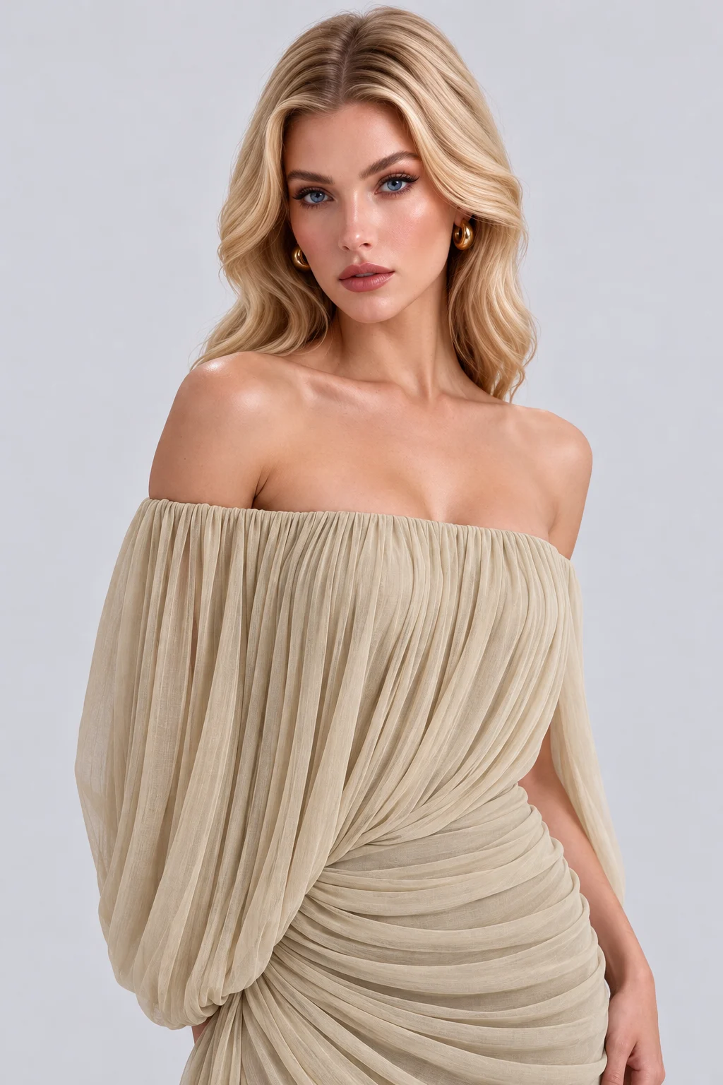 Off the Shoulder Draped Pleated Ruched Maxi Dress [erp-image:a34e1dd37bc5e1fe1de3d8b8]