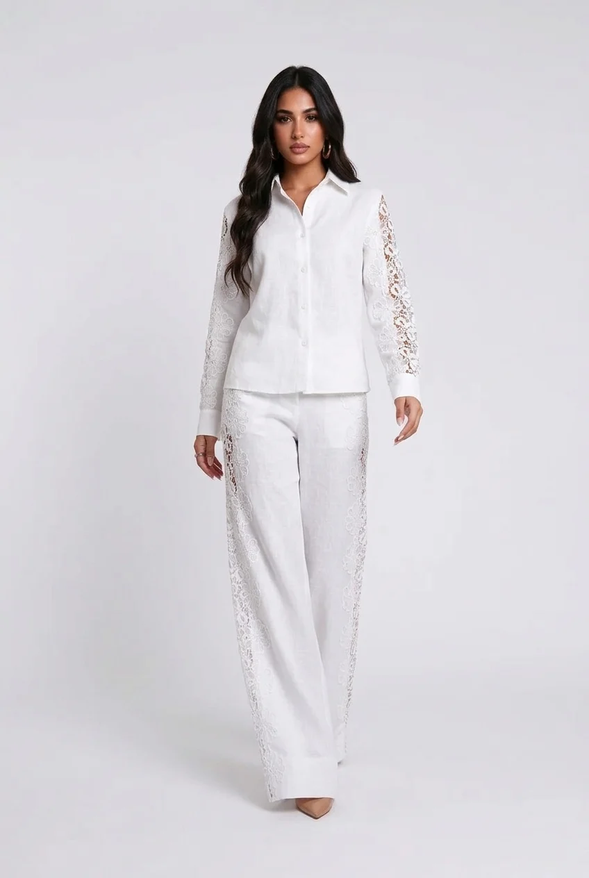 White Lace Panel Long Sleeve Shirt and Wide Leg Pants Two Piece Set [erp-image:13a6cd0dc0bb79fc48526953]