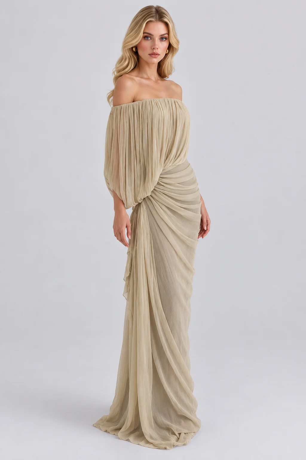 Off the Shoulder Draped Pleated Ruched Maxi Dress [erp-image:a84789fe392cdc35e6b0742e]