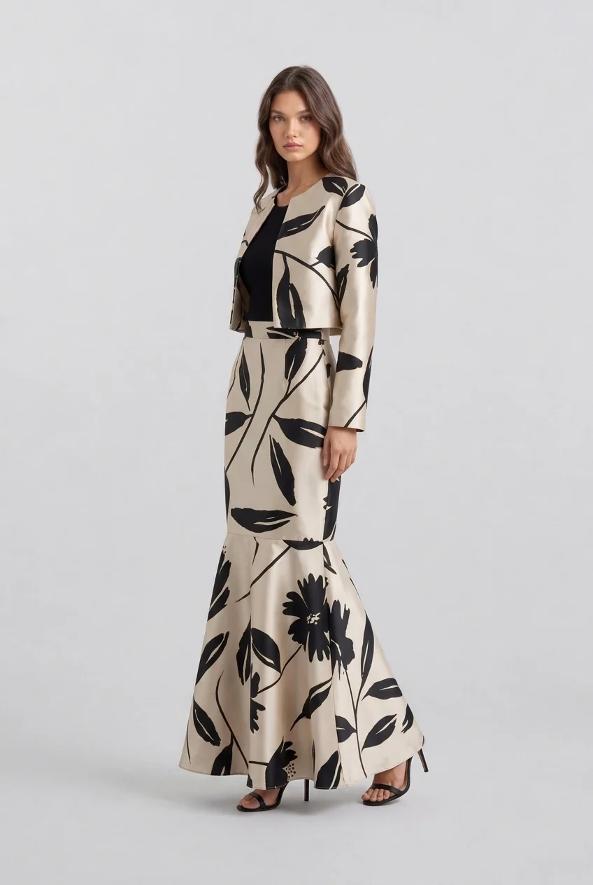 Floral Print Cropped Jacket and High Waisted Mermaid Skirt Two Piece Set [erp-image:34101f053953772e4462a030]