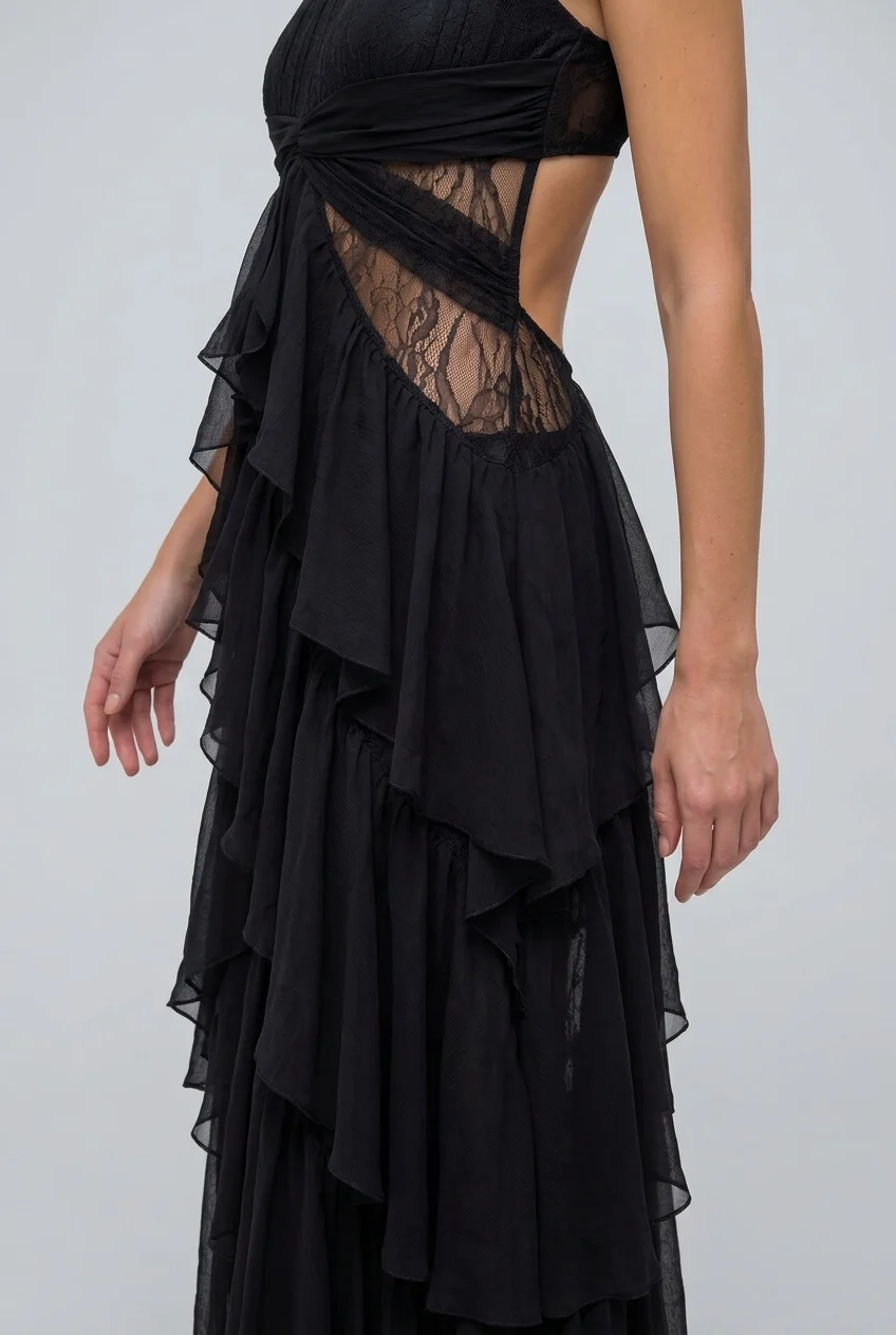 Vintage Brocade Cropped Jacket and Ruffle Maxi Dress Two Piece Set [erp-image:673dad11e62ec085c4aaaa88]