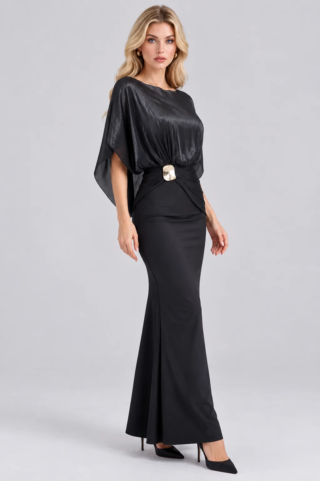 Shimmer Cape Sleeve Column Maxi Dress with Gold Buckle Accent [erp-image:e4682833f47864a18391e517]