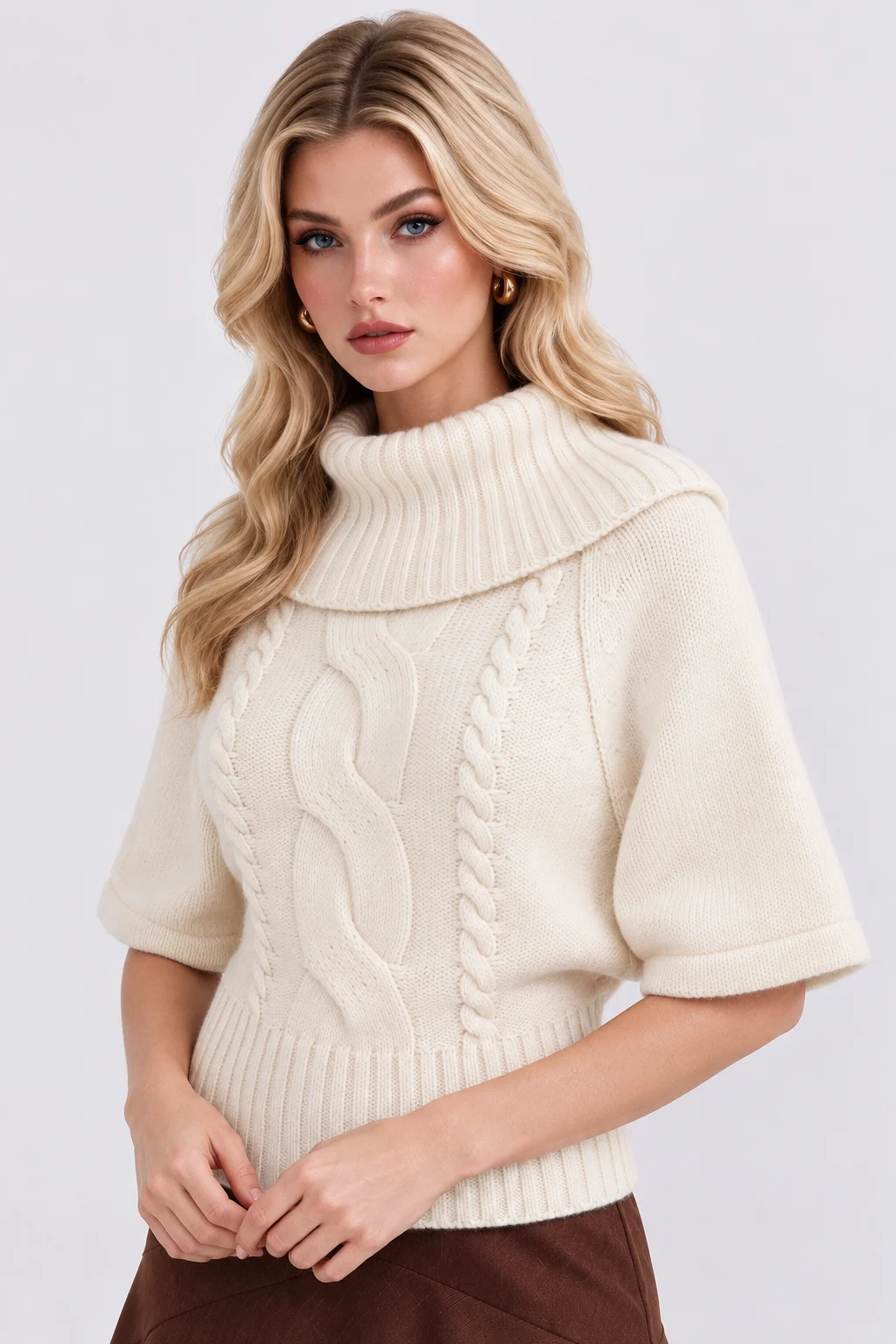 Cowl Neck Cable Knit Poncho Sweater Short Sleeve Pullover Top [erp-image:177b40802ac27d2d42efc475]