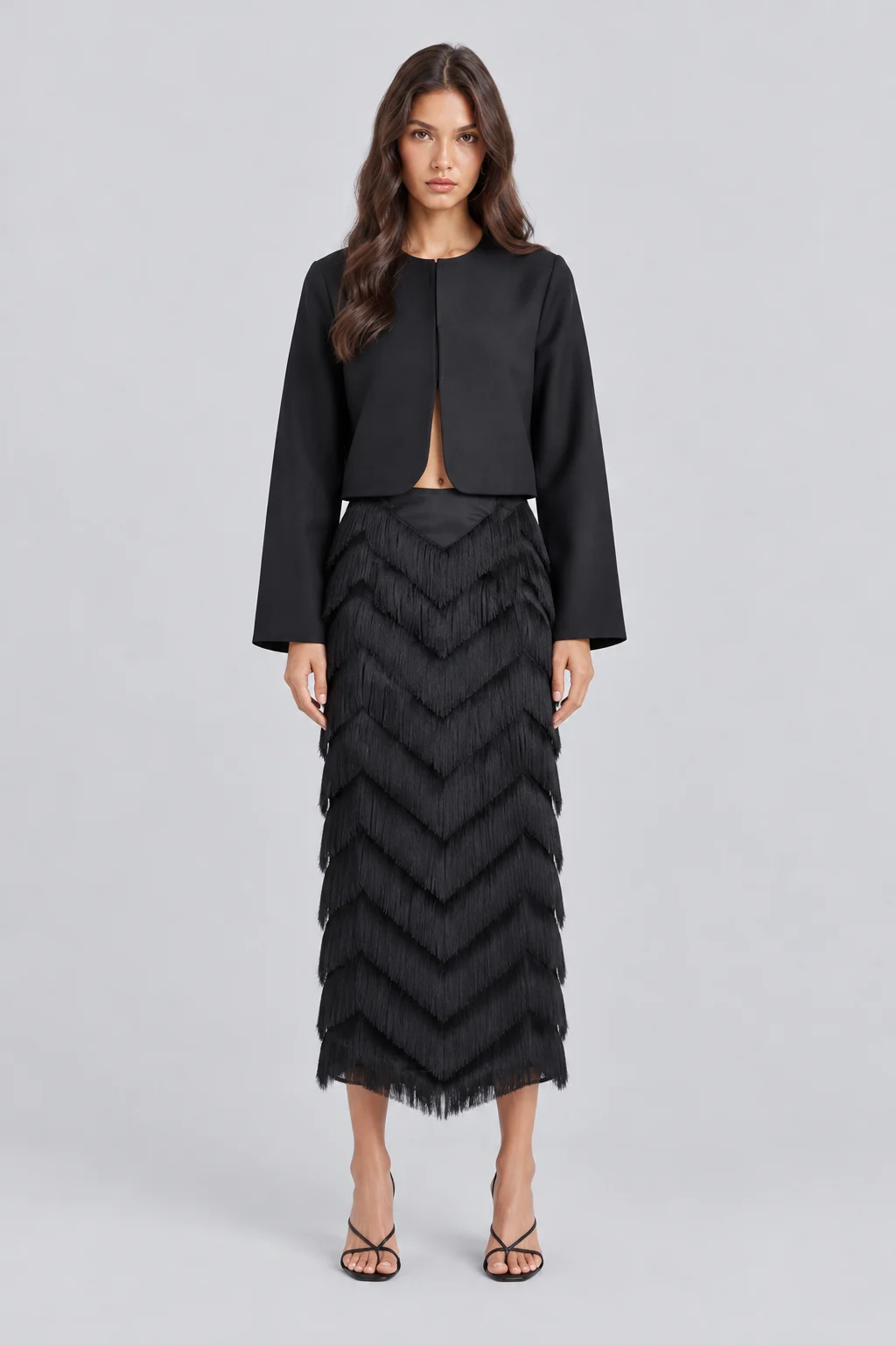 Black Cropped Long Sleeve Jacket and Chevron Fringe Midi Skirt Two Piece Set [erp-image:f25f3e5ba34d7fdd00db1beb]
