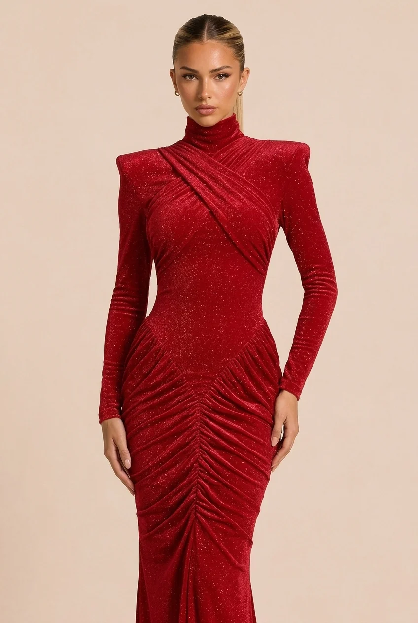 Red Glitter High Neck Ruched Long Sleeve Maxi Evening Dress with Shoulder Pads [erp-image:9b39b441c4d627dfa534ff76]