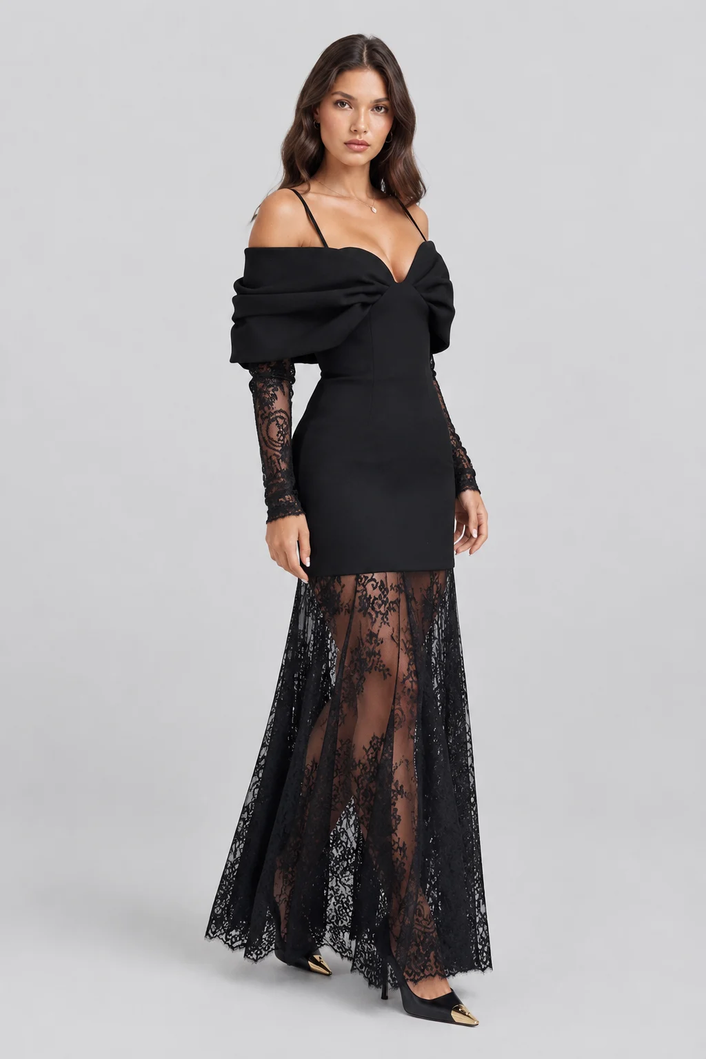 Women Black Cold Shoulder Bow Mini Dress and Sheer Lace Maxi Skirt Two Piece Set [erp-image:4cd24c5c483b85050d904c85]