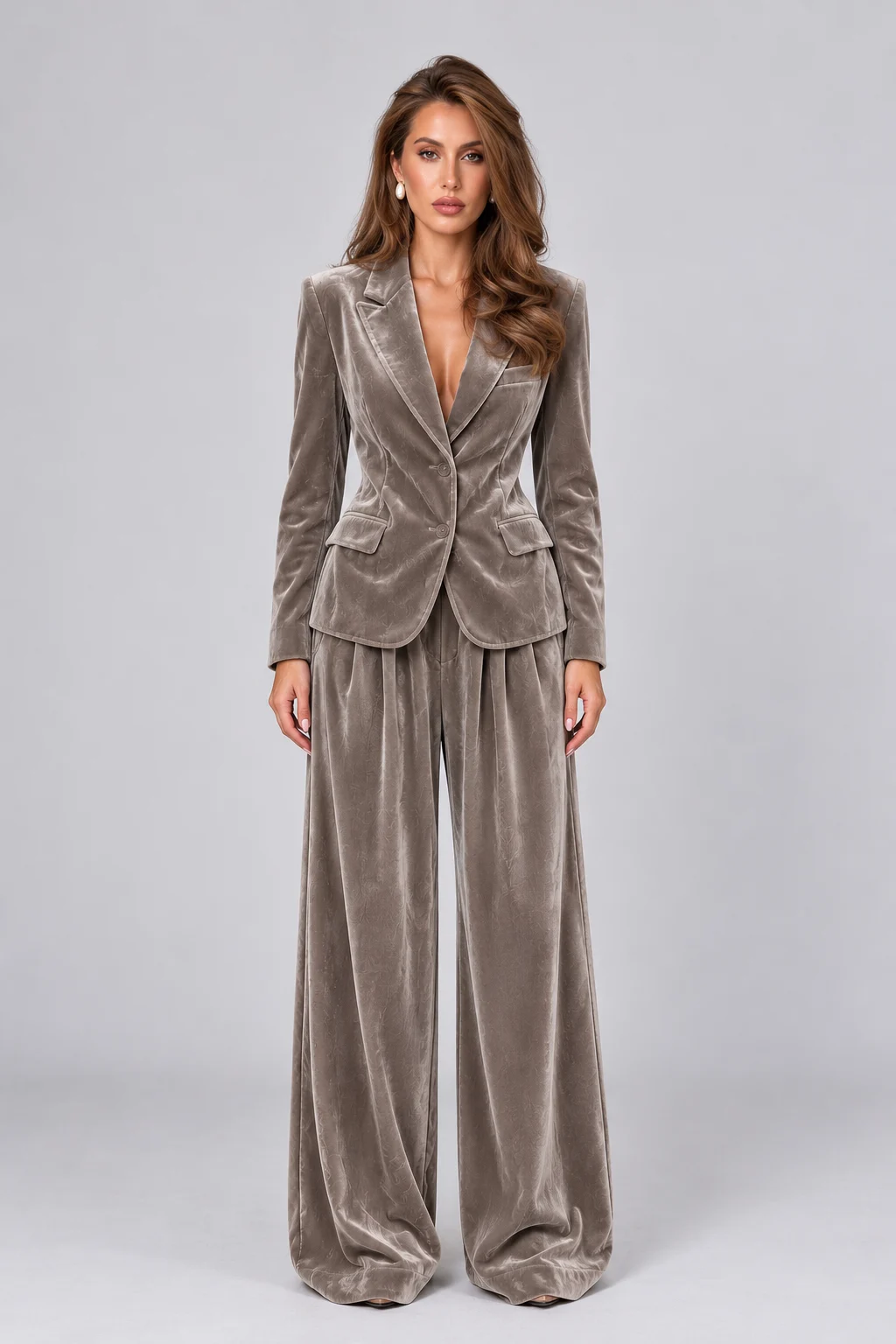 Women's Velvet Notch Lapel Blazer and Wide Leg Trousers Two Piece Suit Set [erp-image:a962463e43c2291ecbae0917]