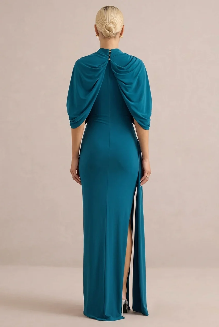 High Neck Draped Cape Asymmetric Ruched Maxi Dress with Slit [erp-image:af8ccc2e151e02971fc7fe0e]
