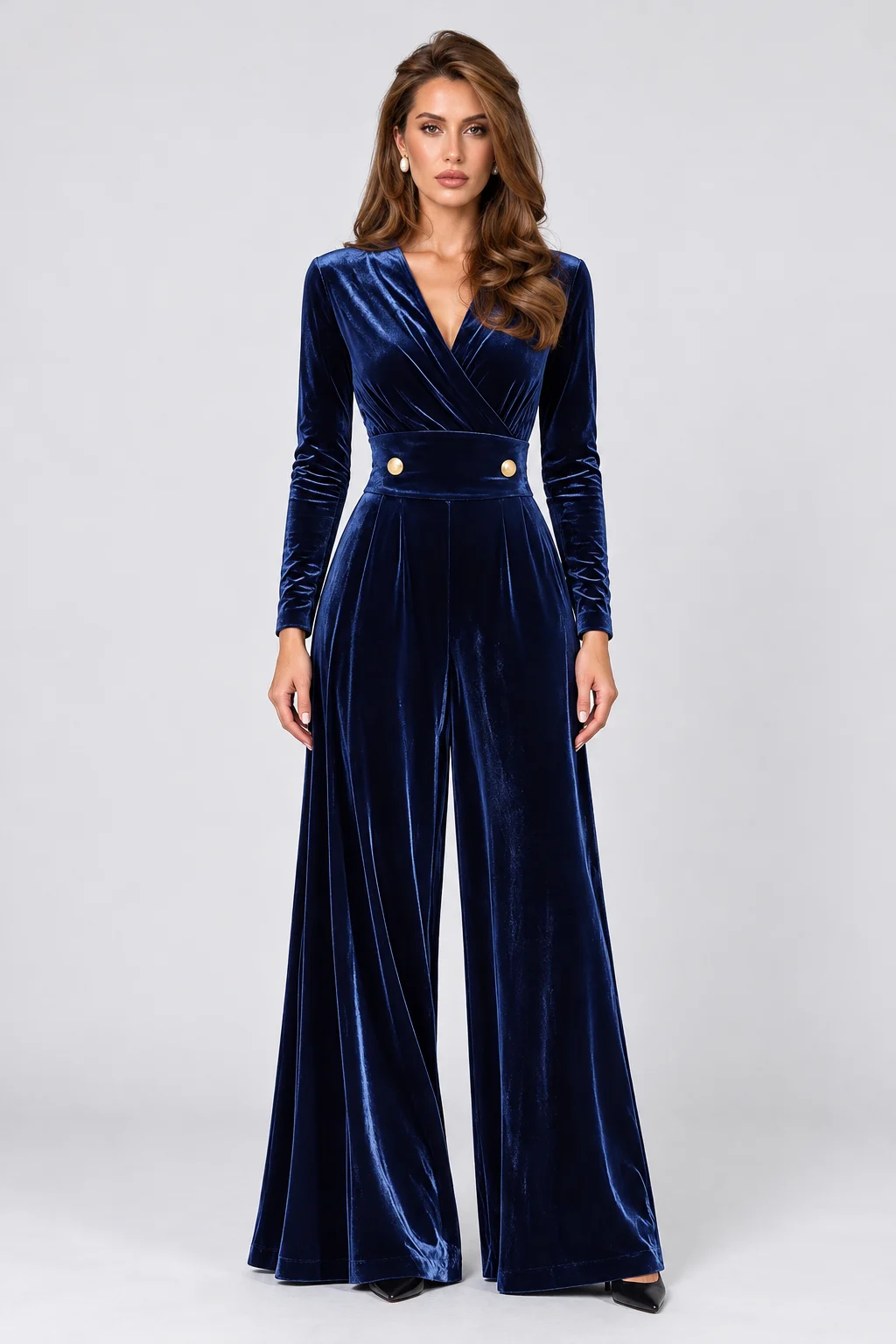 Navy Blue Velvet Wrap V-Neck Wide Leg Long Sleeve Jumpsuit [erp-image:a30f1a8c8359920ec03b3cd2]