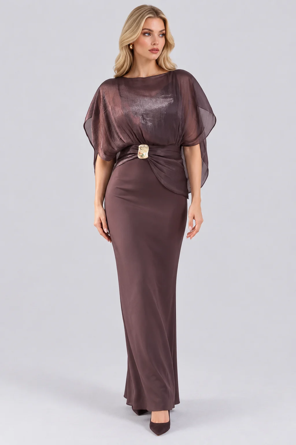 Shimmer Cape Sleeve Column Maxi Dress with Gold Buckle Accent [erp-image:813523b7cf6cf36ae84c027e]