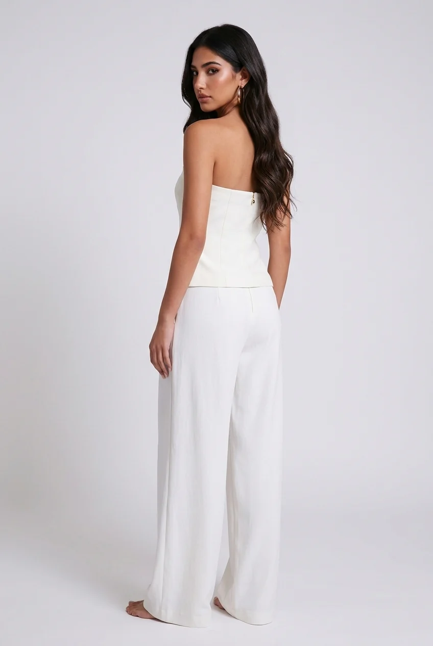 White Strapless Button Front Vest and Pleated Wide Leg Pants Two Piece Set [erp-image:d67a880e7868f00aaeae6432]