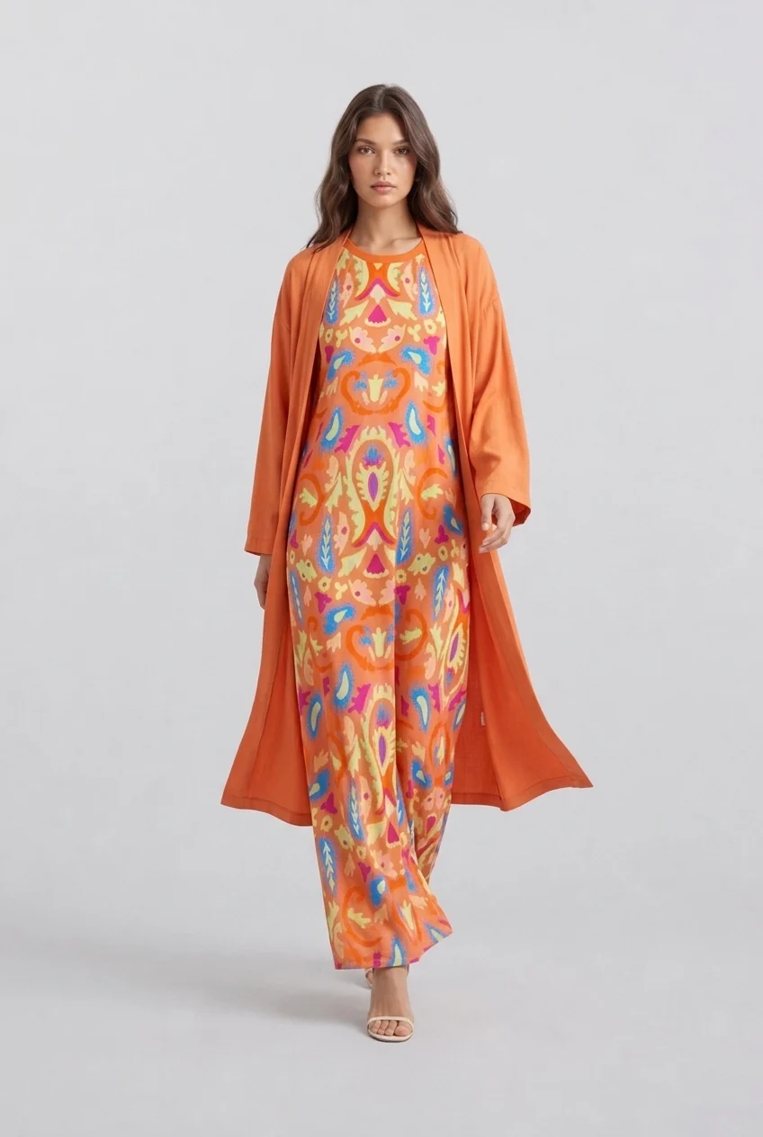 Women's Orange Boho Print Sleeveless Maxi Dress and Long Cardigan Two Piece Outfit Set [erp-image:304a9bdcf5edd47461dcf72b]