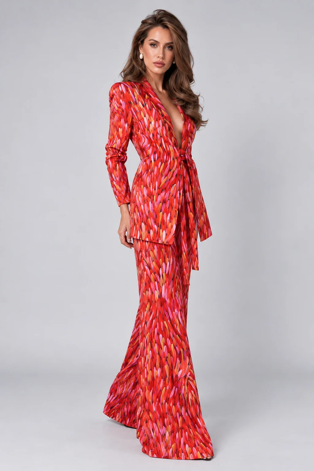 Red Brushstroke Print Tie Front Blazer and Wide Leg Pants Two Piece Set [erp-image:b7ddffc63bdb5ca0a67dbc09]