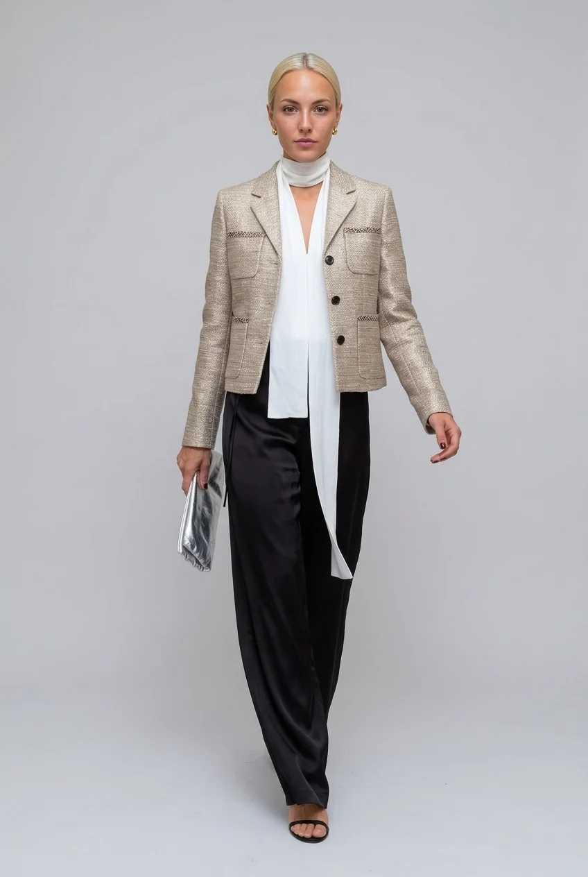Women's Metallic Textured Tweed Blazer Jacket with Notched Lapel and Pockets [erp-image:59c014976a56878dd9f52730]