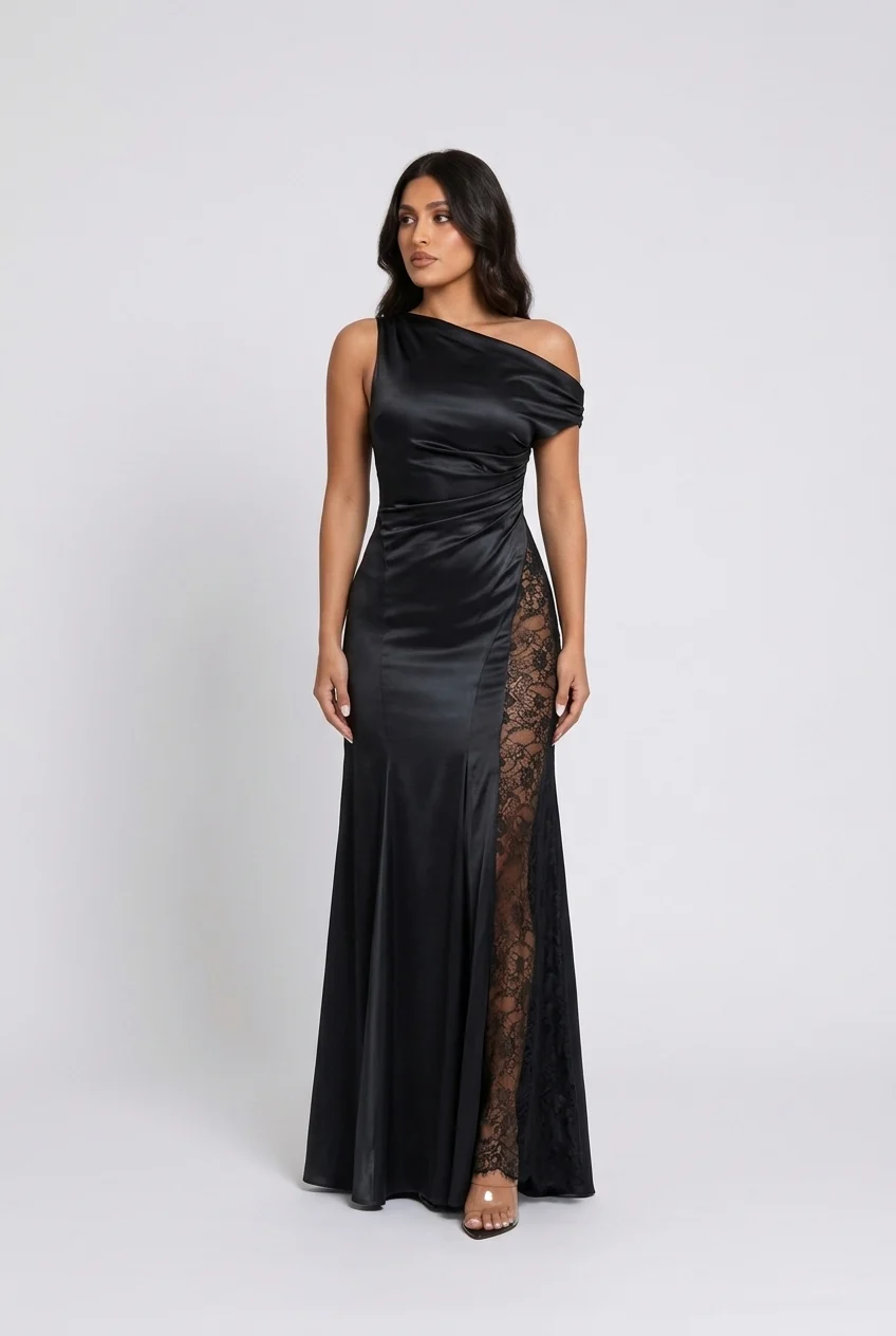 Women's One Shoulder Black Satin Maxi Dress with Sheer Lace Insert Panel [erp-image:82d6692ccc61e38ea7f68f2c]