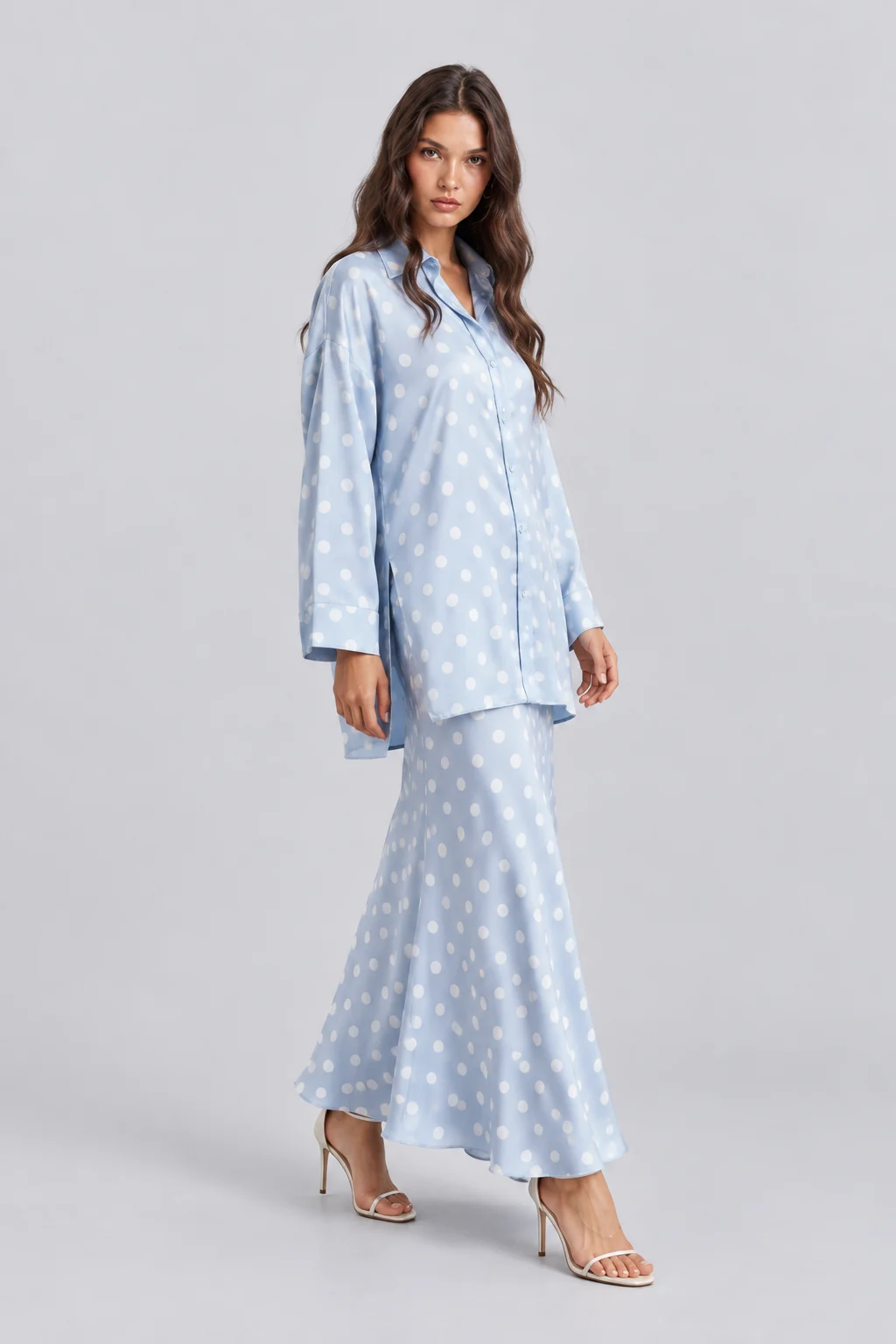 Light Blue Polka Dot Satin Oversized Shirt and Midi Skirt Two Piece Set [erp-image:0fd2a46f51445a1e980ee5cd]
