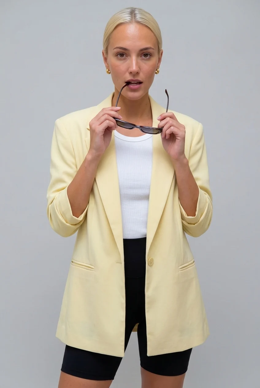 Women's Light Yellow Oversized Single-Breasted Blazer with Notched Lapel [erp-image:7a61a8272f2adfd3b9377216]