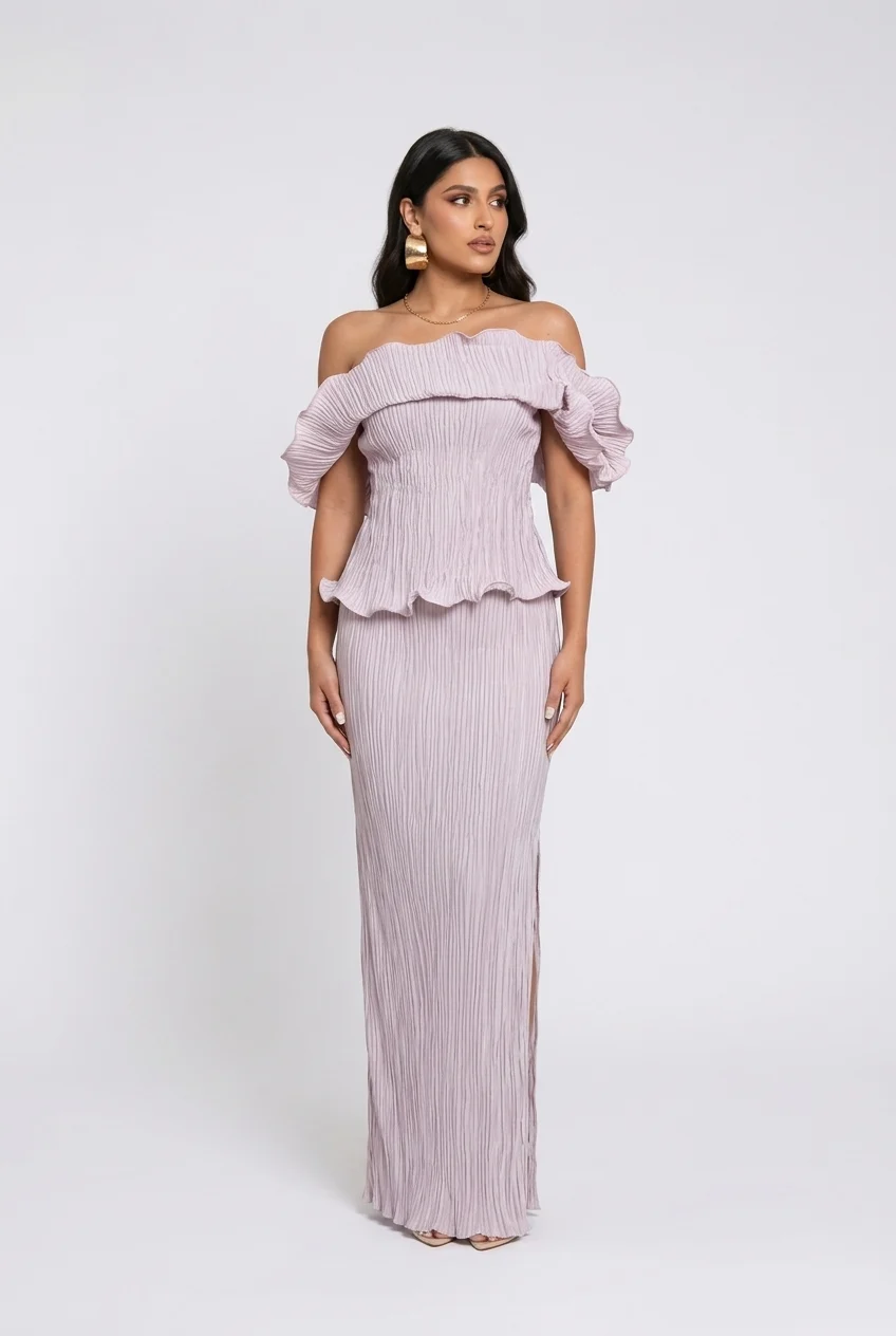 Plissé Pleated Off Shoulder Peplum Column Maxi Dress for Wedding Guests [erp-image:47adc3ae1b26b22d59f6342a]
