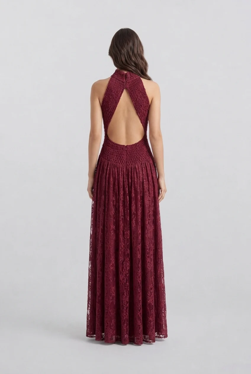 Burgundy Halter High Neck Pleated Mesh Sleeveless Maxi Evening Dress [erp-image:6879c1fde25853d4389d820b]