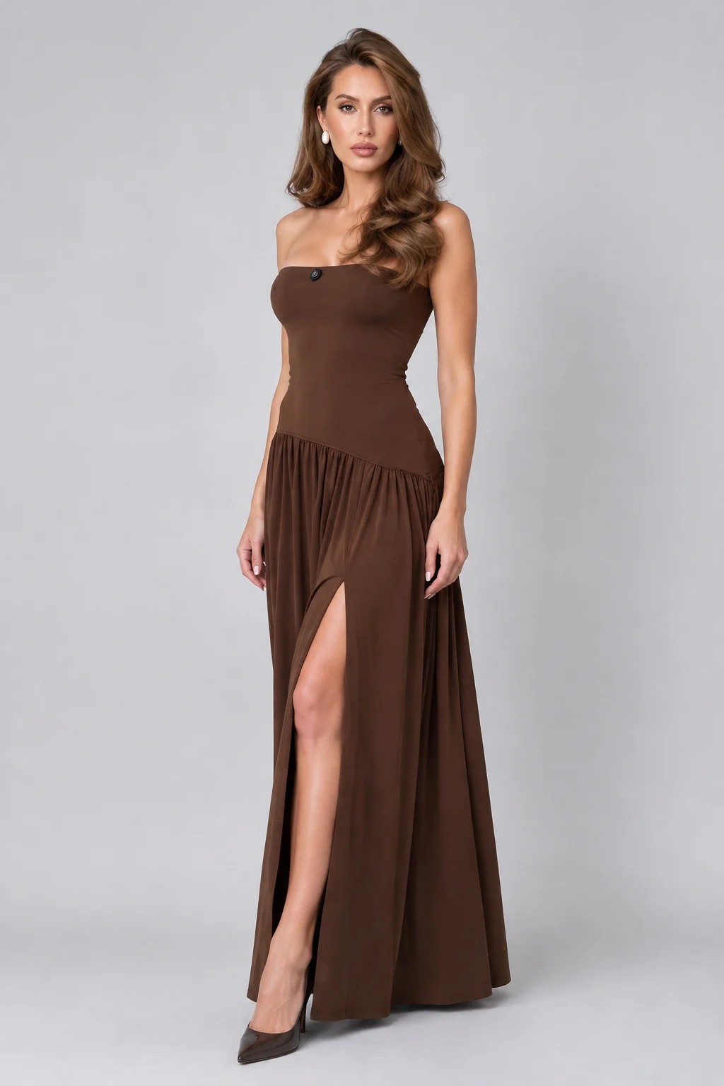 Brown Strapless Drop Waist Maxi Dress with High Thigh Slit [erp-image:c7482983f161538a31538057]